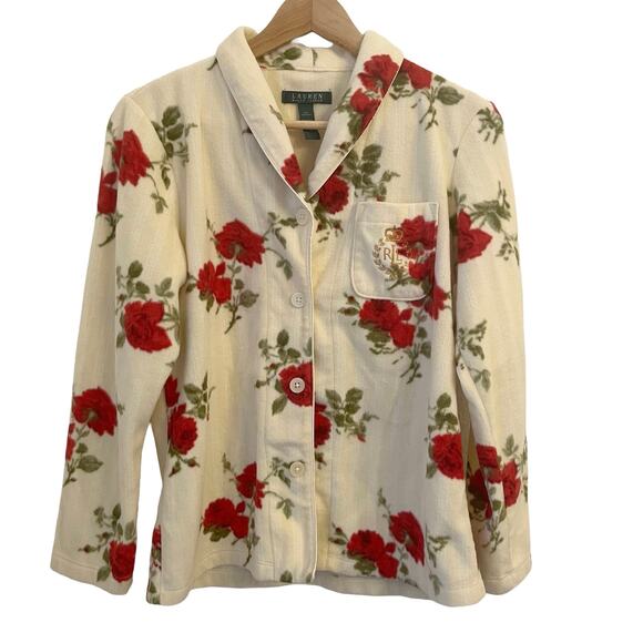 Lauren Ralph Lauren Fleece Pajama Top Small Rose Floral - Picture 2 of 11